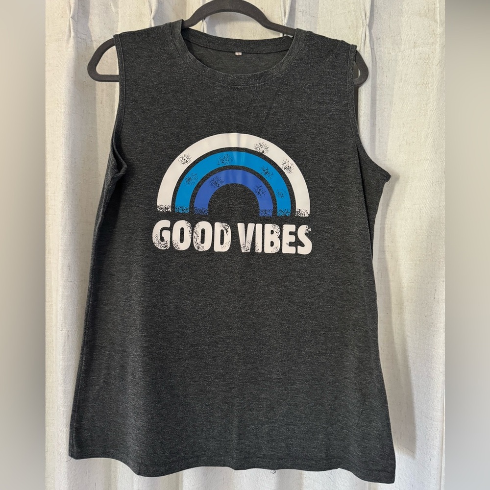 Good Vibes Graphic Tank Top - Dark Gray with Blue Rainbow